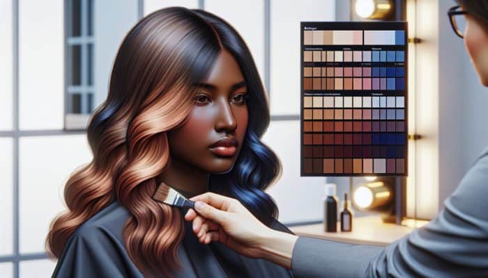 A stylist choosing balayage colors, considering skin and hair tones, using a palette of warm and cool shades for a dynamic gradient.