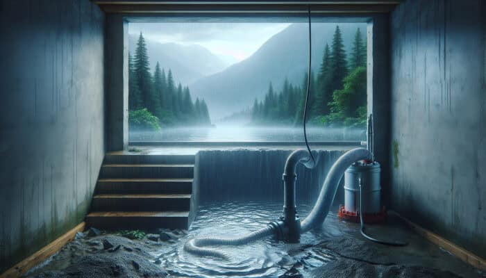 Sump Pump Services in Squamish: Sump pump in basement actively removing water, clear hose, decreasing water levels, rainy Squamish background.