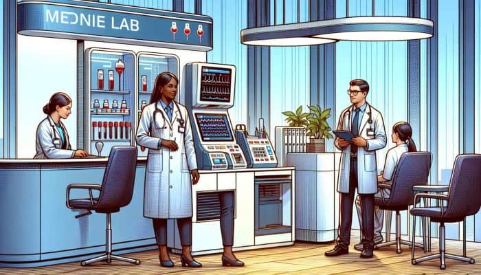 Modern medical lab in Ashton-under-Lyne for kidney blood testing, with advanced equipment and professional staff.