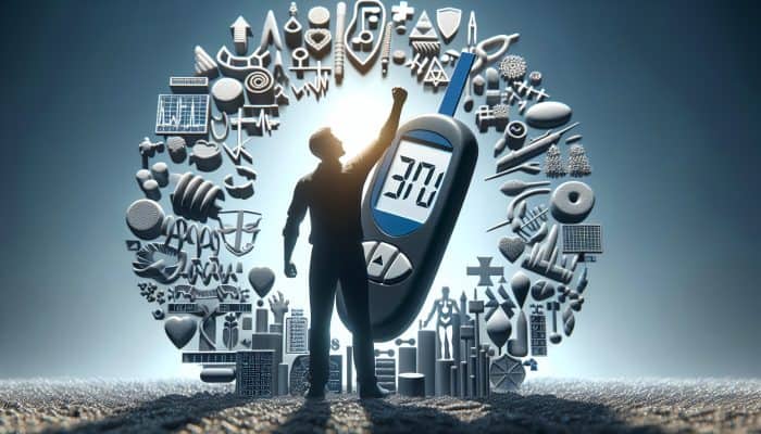 Diabetes Blood Test in Darlington: A person using a glucose meter, surrounded by charts showing health improvements and complication prevention.