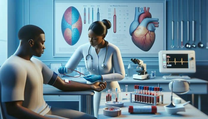 A healthcare professional drawing blood from a patient's arm in a clinical setting, with lab equipment and a heart health chart.