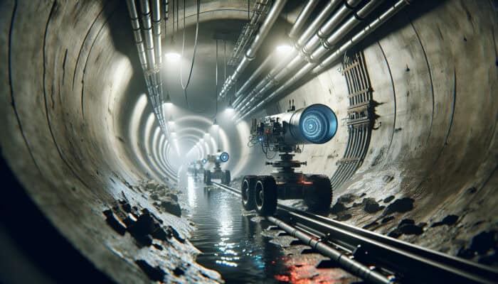 Robotic cameras inspecting sewer tunnels in Mission, Canada, for cracks and blockages to ensure public health and infrastructure integrity.