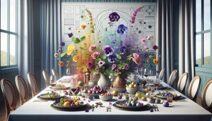 Top Ideas for Edible Flower Garnishes: Dishes adorned with colorful edible flowers like violets, nasturtiums, and roses on an elegant dining table.