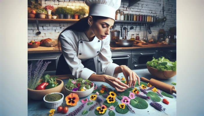 A chef selecting edible flowers like nasturtiums and lavender for gourmet dishes in a vibrant kitchen.