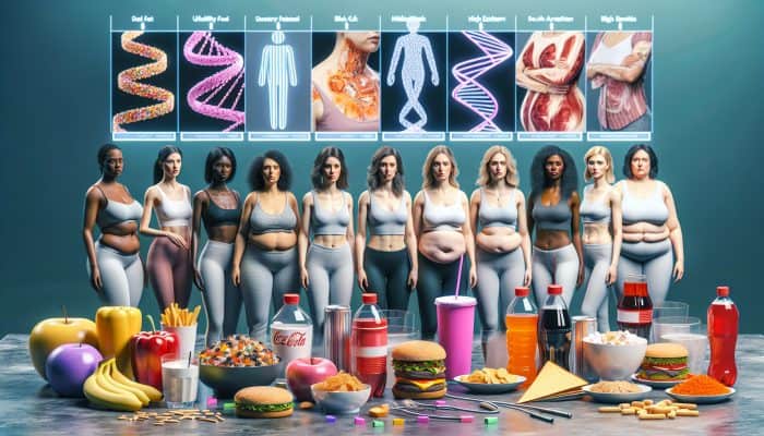 Preventing Diabetes in Women: Diverse UK women at different ages, some obese, surrounded by unhealthy foods and genetic symbols, illustrating diabetes risk factors.