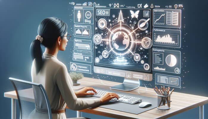 Identifying Human Virtual Assistants for Blog Maintenance: A virtual assistant using CMS tools and SEO analytics on a computer to manage and enhance a blog's performance and aesthetics.