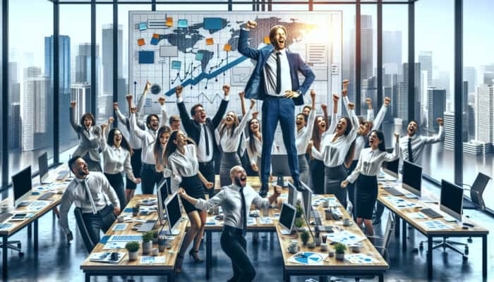 A vibrant team celebrating success in a modern office, symbolising high morale and productivity.