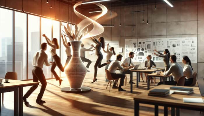 A vibrant team-building session in a modern office with diverse professionals engaging in human vase-inspired activities.