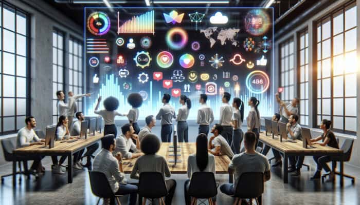 Diverse team analyzing performance metrics on a digital screen, showing high morale and productivity.