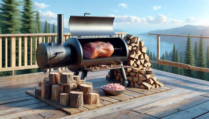 A rustic smoker on a wooden deck with wood chunks and chips, smoking a large pork butt under a clear sky.