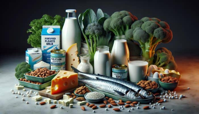 A still life of calcium-rich foods like dairy, greens, and nuts, essential for new mothers' bone health.