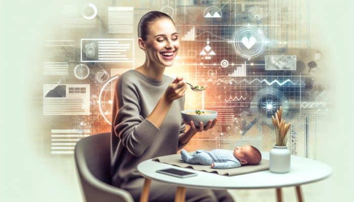 A new mother enjoying a small meal every few hours, appearing content with her newborn nearby.