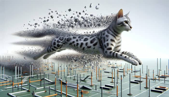 Egyptian Mau cat sprinting on agility course, leaping obstacles with speed and precision, showcasing athletic prowess and spotted coat.