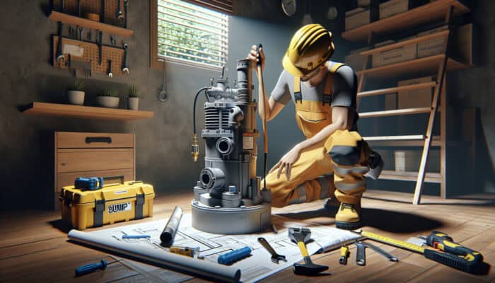 A professional installing a sump pump in a West Vancouver basement, using tools and a blueprint for correct placement and code adherence.