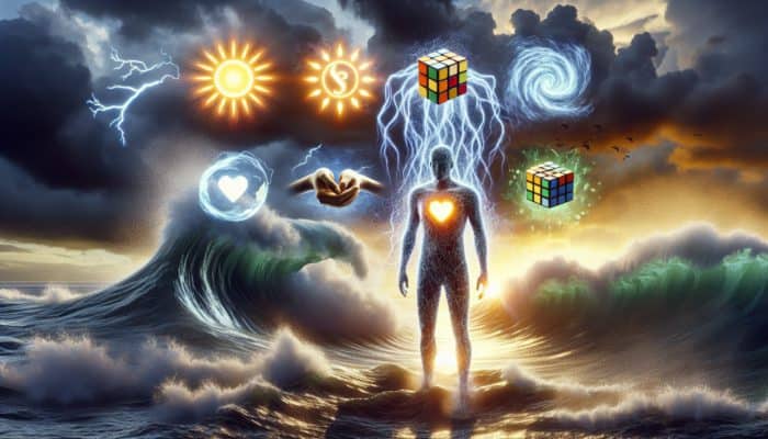 Emotional Prep for Disasters: A person standing resiliently in a storm, surrounded by glowing symbols of emotional resilience components.