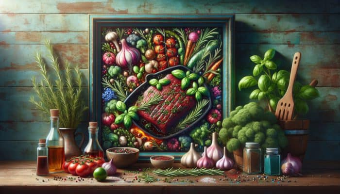 Herbal Marinades for Flavor: Fresh herbs infusing a rich marinade, enhancing grilled meats and vegetables in a rustic kitchen.