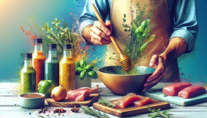 A culinary expert blending fresh herbs into marinades in a vibrant kitchen scene.