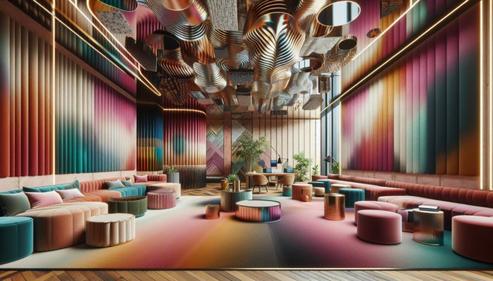 A room showcasing a variety of textures including velvet walls, stone floors, metallic surfaces, and fabric ceilings.