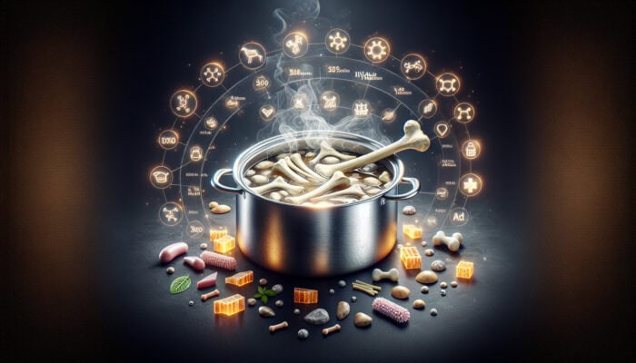 A steaming pot of bone broth with bones and tissues, surrounded by essential nutrients for pet health.