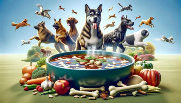 A steaming bowl of bone broth with healthy, active pets of various ages, showcasing strong joints in a vibrant environment.