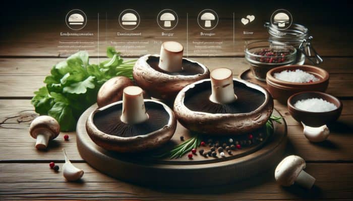 Close-up of fresh portobello mushrooms with dark gills and firm stems on a rustic table, ready for grilling.