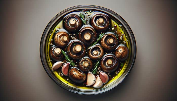 Marinated portobello mushrooms in olive oil, balsamic vinegar, garlic, thyme, and rosemary, viewed from above.