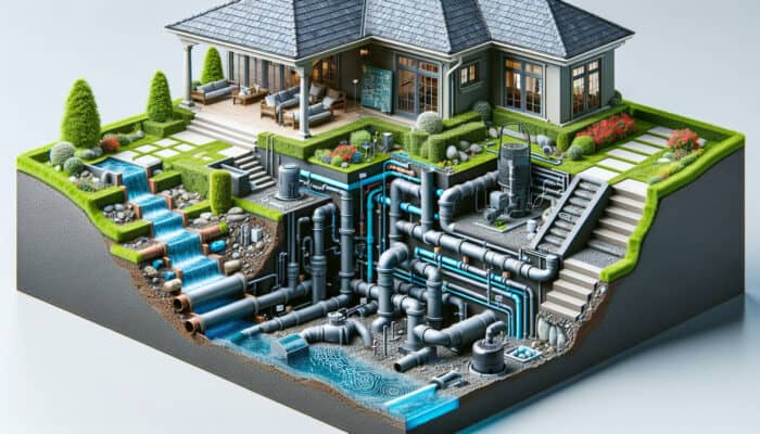 Cutaway view of yard drainage system with pipes, sump pump, and water flow diagram.