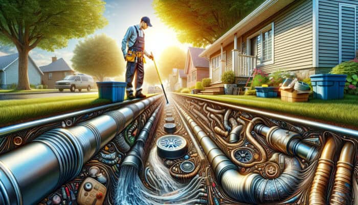 A well-maintained drainage system in a suburban home with clean gutters, clear drains, and a professional inspector.