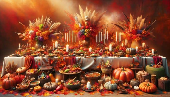 A dinner table with global cuisine and autumnal harvest decor, featuring vibrant dishes and natural elements.