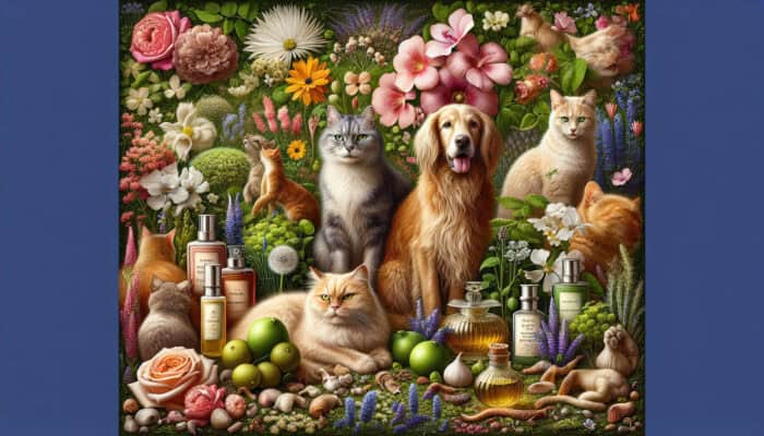 Pets surrounded by flowers and herbs, showcasing natural perfume alternatives recommended by experts.
