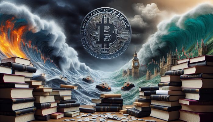 debt consolidation and cryptocurrency trends: UK Focus | DCL A volatile cryptocurrency graph contrasted with calm debt consolidation paperwork and a UK regulatory seal.