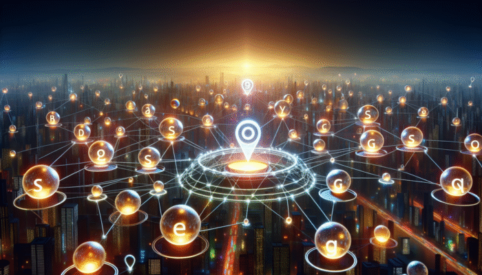 Glowing keywords in a digital landscape connecting to a search engine, enhancing SEO and website visibility on SERPs.