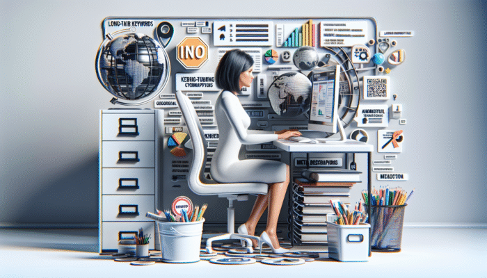 Person optimizing website on computer in modern office, focusing on local long-tail keywords and relevant meta descriptions.