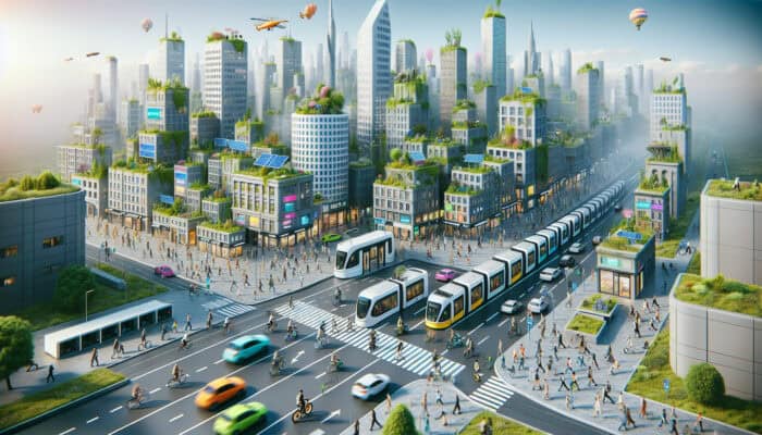 Eco-friendly Transport for Clearance Items: A vibrant cityscape with electric vehicles, cyclists, trams, and pedestrians amidst greenery and solar panels, symbolising eco-friendly transport.