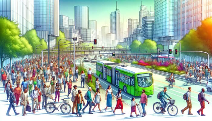 Diverse consumers using eco-friendly transport like electric buses and bikes in a vibrant city street.