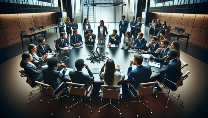 Challenges of Sticking to Consolidation Plans: UK Focus | DCL UK financial analysts discussing consolidation challenges in a conference room, focusing on a telecom merger's cultural integration failure.