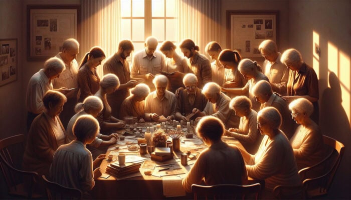 Family sorting through possessions, sharing embraces, and honoring deceased with rituals in a warm room.