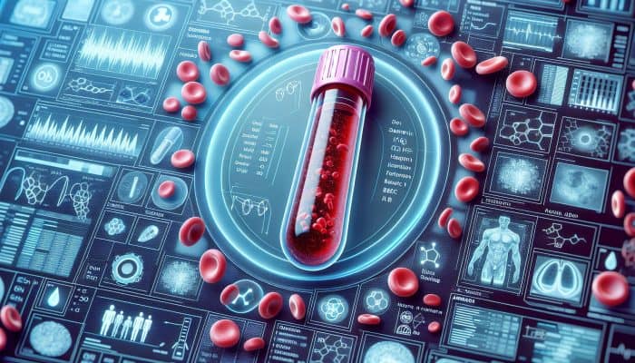 Ferritin Blood Test in Guildford: Illustration of ferritin blood test with blood sample, ferritin proteins, and diagnostic charts.