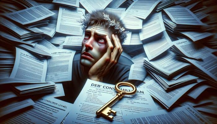 Debt Consolidation Loans for Bad Credit: UK Solutions | DCL Person with worried expression reviewing high-interest loans, contrasted by clear debt consolidation offer, symbolizing relief for bad credit borrowers.