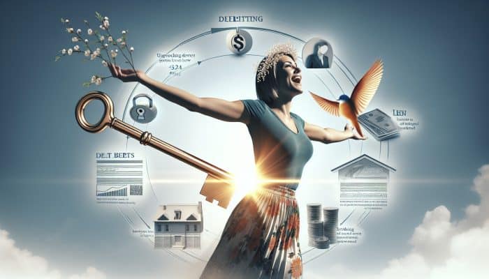 Debt Consolidation Loans for Bad Credit: UK Solutions | DCL Sarah celebrating debt freedom with documents and rising credit score graph, symbolizing successful debt consolidation.