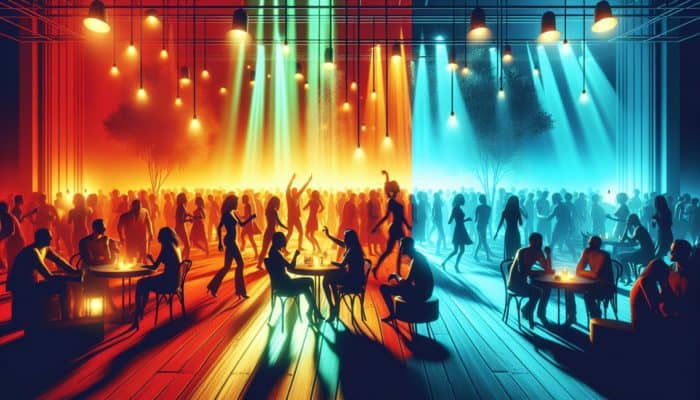 A vibrant party scene with warm red and yellow tones and a calm area with cool blue and green hues.