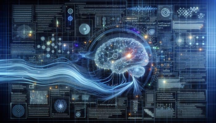 Abstract visualization of AI data processing with neural networks, binary streams, and NLP dissecting human language.