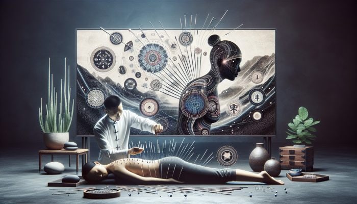 Acupuncture for Prostate Enlargement: A practitioner inserting fine needles into acupoints on a patient in a serene East Asian setting, symbolising 'qi' and balance.