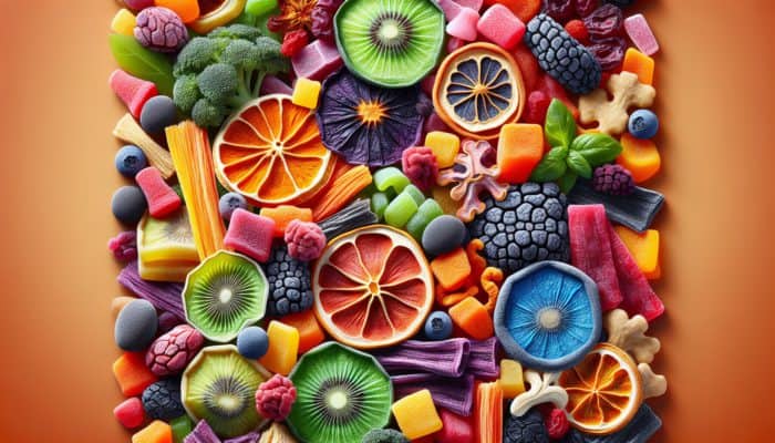 A colorful array of freeze-dried fruits and vegetables, highlighting their nutrition and flavor.