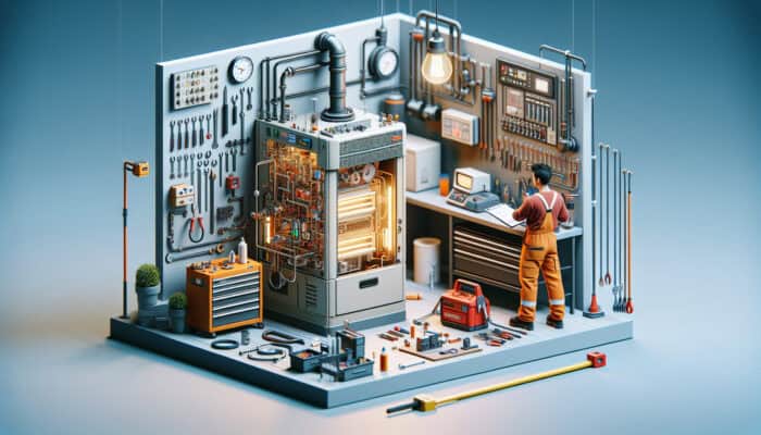 Schematic of a modern furnace with a technician performing maintenance in Abbotsford.