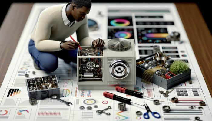 A skilled technician servicing a modern furnace with tools and energy-efficient upgrades for efficiency and safety.