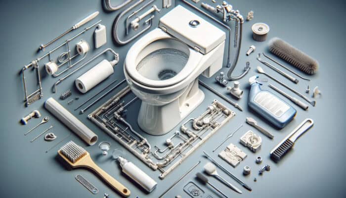 A modern toilet with clear water, cleaning tools, and new parts like a flapper and supply line, highlighting maintenance and hygiene.