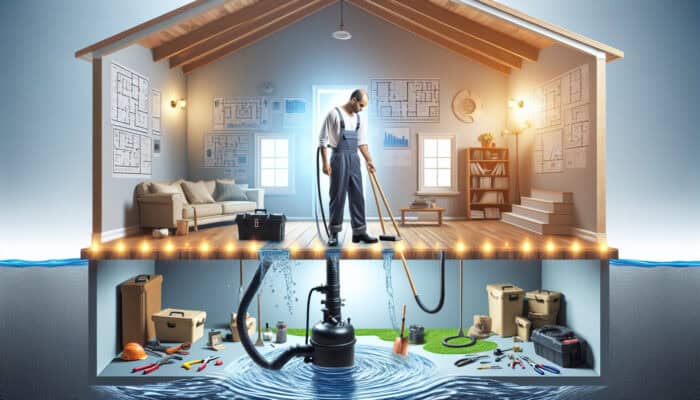 A technician servicing a sump pump in a Mission-style house basement to prevent flooding.