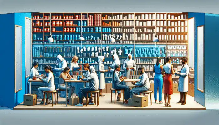 A specialty safety equipment shop in Hitchin with shelves of high-quality PVC gloves and expert staff.