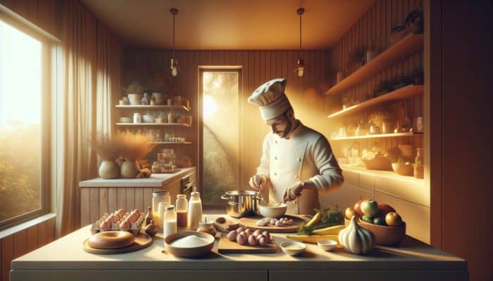 A professional chef in a serene kitchen preparing a nutritious meal with baby-friendly ingredients.